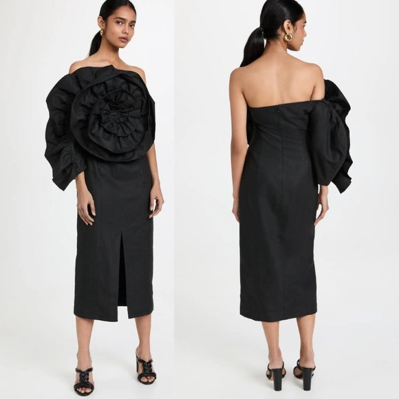 Mara Hoffman Valeria Off Shoulder Midi-Dress Black Structural Floral Accent Sz 0 - Picture 2 of 10